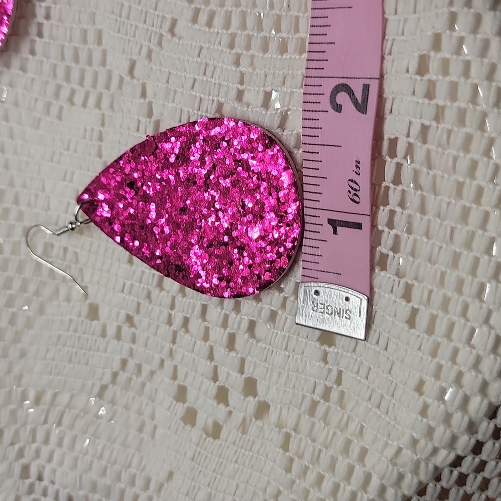 Retro Glittered Teardrop Dangle Earrings Faux Leather Pink Purplish 3" Drop NWT - Picture 6 of 8